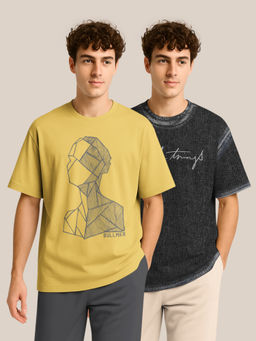 BULLMER - Yellow & Denim Black Oversized Crew Neck T-shirt For Men - Pack Of 2