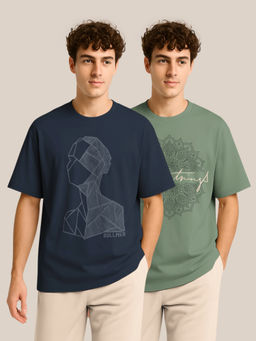 BULLMER - Navy Blue & Olive Oversized Crew Neck T-shirt For Men - Pack Of 2