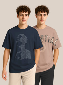 BULLMER - Navy Blue & Brown Oversized Crew Neck T-shirt For Men - Pack Of 2
