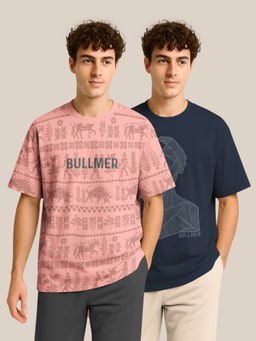 BULLMER - Pink & Navy Blue Half Sleeve Oversized Crew Neck T-shirt For Men - Pack Of 2