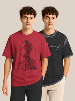 BULLMER - Red & Denim Black Oversized Crew Neck T-shirt For Men - Pack Of 2