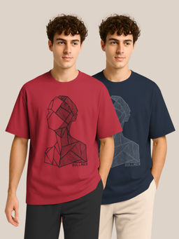 BULLMER - Red & Navy Blue Half Sleeve Oversized Crew Neck T-shirt For Men - Pack Of 2