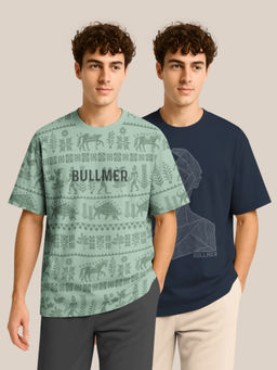 BULLMER - Green & Navy Blue Oversized Crew Neck T-shirt For Men - Pack Of 2