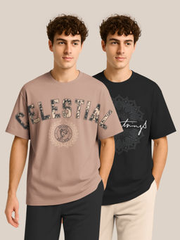 BULLMER - Brown & Black Half Sleeve Oversized Crew Neck T-shirt For Men - Pack Of 2