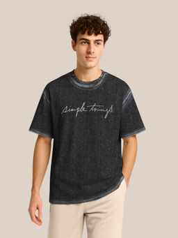 BULLMER - Trendy Denim Black Half Sleeve Oversized Crew Neck T-Shirt for Men