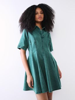 ONLY - Womens Solid Fit and Flare Green Dress