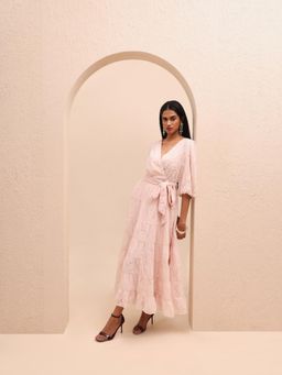 VERO MODA - Pink Embroidered Wrap Dress with Belt