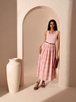 VERO MODA - Pink Lace Cotton Midi Dress with Belt