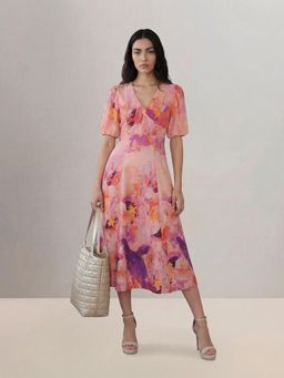 VERO MODA - Pink Floral V-Neck Midi Dress