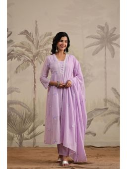 Scakhi - Lavender Mulmul Embroidered And Handwork Anarkali Kurta with Pant & Dupatta (Set of 3)