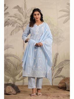 Scakhi - Powder Blue Cottom Embroidered And Beadwork Kurta & Pant with Dupatta (Set of 3)