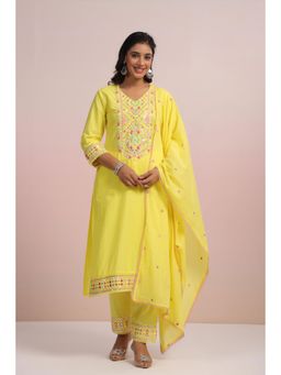 Scakhi - Lemon Cotton Mirror & Sequin Embroidered Kurta & Pant with Dupatta (Set of 3)