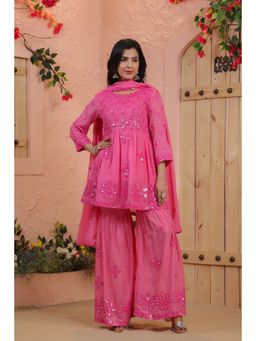 Scakhi - Pink Mulmul Mirror & Sequin Embroidered Peplum Kurti with Sharara & Dupatta (Set of 3)