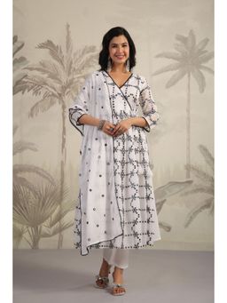 Scakhi - White Black Mirror Embroidered Gathered Angarkha Kurta with Pant & Dupatta (Set of 3)