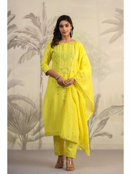 Scakhi - Yellow Cotton Mirror Embroidered Kurta & Pant with Dupatta (Set of 3)