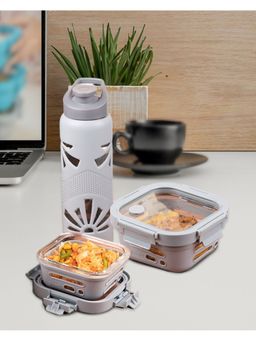 Glasafe - Borosilicate Glass Tiffin & Bottle, Grey,750ml Bottle, 320ml & 520ml