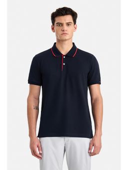 Snitch - Navy Blue Textured Collar Neck Polo T-Shirt
