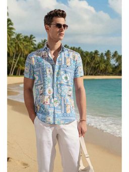 Louis Philippe - Blue Printed Collar Neck Shirt