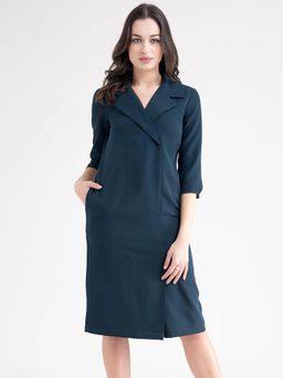 FableStreet - Blue Lapel Collar Shift Dress