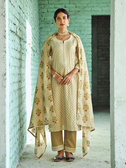 Karaj Jaipur - Beige Thread Embroidered Kurta (Set of 3)