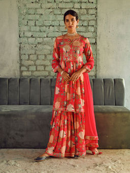 Karaj Jaipur - Pink Floral Embroidered Flared Sharara (Set of 3)