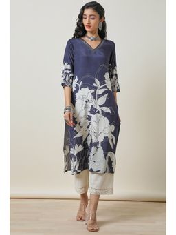 Soch - Women's Navy Blue Botanical Print Viscose Muslin Kurta