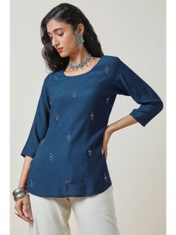 Soch - Women's Teal Embellished Viscose Blend Tunic with Curved Hem