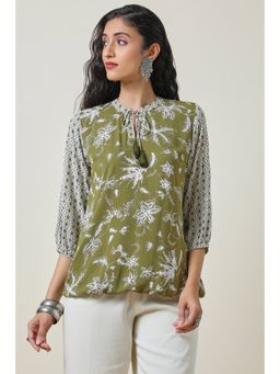 Soch - Women's Olive Printed Rayon Crepe Blouson Top