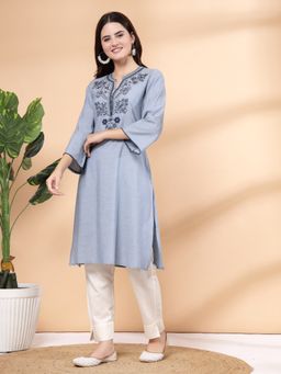Nayam by lakshita - Women's Solid Chambray Round Neck Kurta