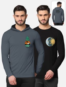 BULLMER - Printed Full Sleeve T-shirt For Men Grey And Black (Pack of 2)