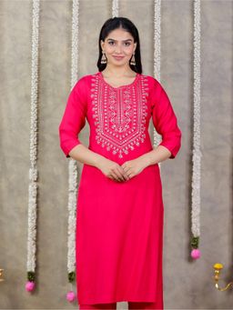 ARAMYA - Pink Muslin Straight Kurta for Women