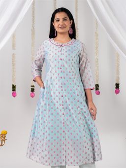 ARAMYA - Blue Organza A-Line Floral Print Kurta for Women
