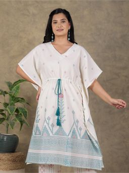 ARAMYA - Off White Soft Cotton Geometric Print Kaftan for Women