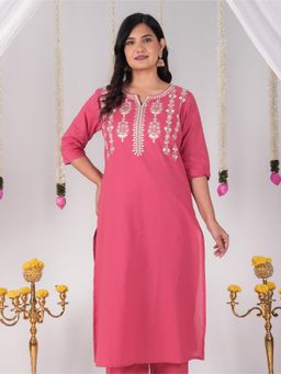 ARAMYA - Pink Soft Cotton A-Line Kurta for Women