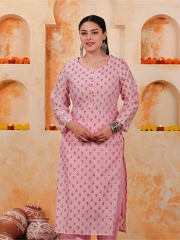 ARAMYA - Pink Chanderi Straight Gold Foil Print Kurta for Women