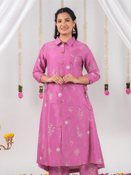 ARAMYA - Pink Roman Silk High Low Floral Print Kurta for Women