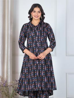 ARAMYA - Black Soft Cotton High Low Butti Print Kurta for Women