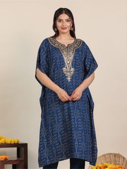 ARAMYA - Blue Viscose Gold Foil Print Kaftan for Women