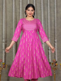 ARAMYA - Pink Viscose Anarkali Gold Foil Print Kurta for Women