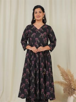 ARAMYA - Black Soft Cotton Angrakha Printed Kurta for Women
