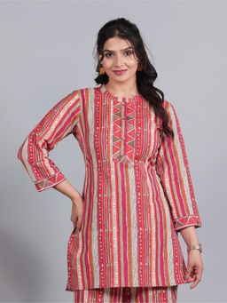 ARAMYA - Multi-Color Linen Cotton Straight Striped Print Kurti for Women