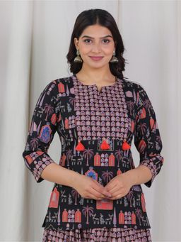 ARAMYA - Black Soft Cotton Straight Ajrakh Print Kurti for Women