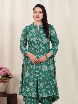 ARAMYA - Green Soft Cotton High Low Floral Print Kurta for Women