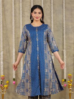 ARAMYA - Blue Viscose A-Line Gold Foil Print Kurta for Women