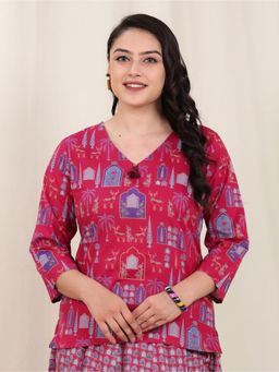 ARAMYA - Pink Soft Cotton Printed Kurti for Women