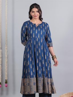ARAMYA - Blue Viscose Anarkali Gold Foil Print Kurta for Women