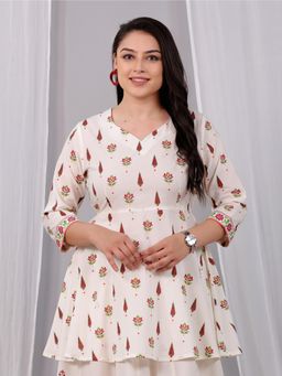 ARAMYA - Off White Soft Cotton Floral Print Tunic for Women