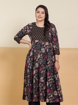ARAMYA - Black Soft Cotton Floral Print Kurta for Women