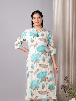 ARAMYA - Off White Linen Cotton Straight Floral Print Kurta for Women