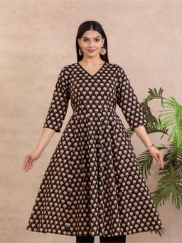ARAMYA - Black Soft Cotton Angrakha Butti Print Kurta for Women